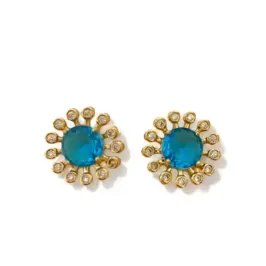 BRINCO FLOR ZIRCONIA CRISTAL PEDRA TOPAZIO AZUL
