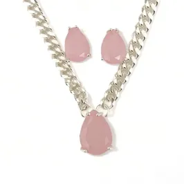 CONJUNTO COLAR ELOS GROUMET GOTA PEDRA QUARTZO ROSA