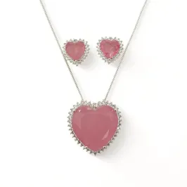 CONJUNTO CORAÇÃO PEDRA QUARTZO ROSA ZIRCONIA CRISTAL