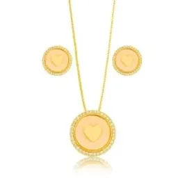 CONJUNTO MEDALHA CORACAO ZIRCONIA CRISTAL ESMALTADO ROSE