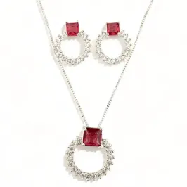 CONJUNTO PEDRA QUARTZO ROSA CIRCULO ZIRCONIA CRISTAL