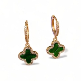 BRINCO ARGOLA TREVO MADREPEROLA VERDE ZIRCONIA CRISTAL