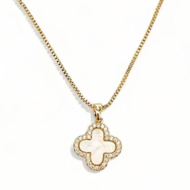 COLAR PINGENTE TREVO MADREPEROLA ZIRCONIA CRISTAL