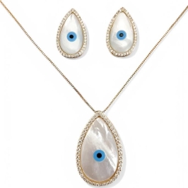 CONJUNTO GOTA MADREPEROLA OLHO GREGO ZIRCONIA CRISTAL