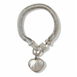 PULSEIRA MALHA PINGENTE CORAÇÃO MADREPEROLA ZIRCONIA CRISTAL