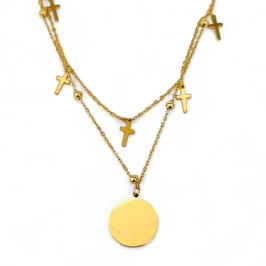 COLAR DUPLO BOLINHAS CRUZES PINGENTE MEDALHA LISA