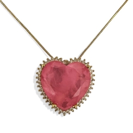 COLAR CORAÇÃO PEDRA QUARTZO ROSA ZIRCONIA CRISTAL