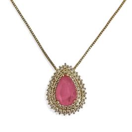 COLAR GOTA PEDRA ROSA QUARTZO ZIRCONIA CRISTAL