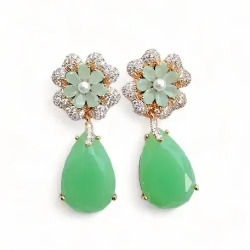 BRINCO FLOR PEDRA ACQUA ZIRCONIA CRISTAL