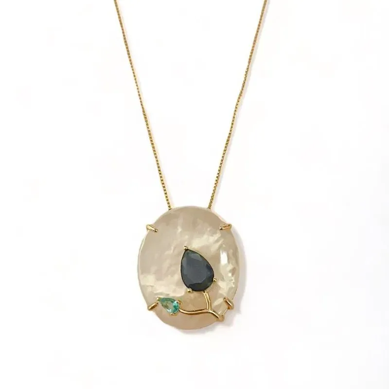 COLAR GOTA AZUL SAFIRA PEDRA OVAL MADREPEROLA