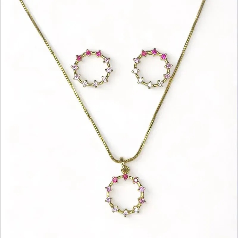 CONJUNTO CIRCULO VAZADO ZIRCONIA ROSA DEGRADE