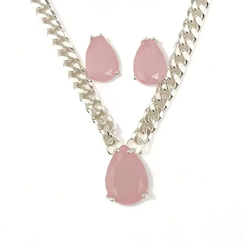 CONJUNTO COLAR ELOS GROUMET GOTA PEDRA QUARTZO ROSA