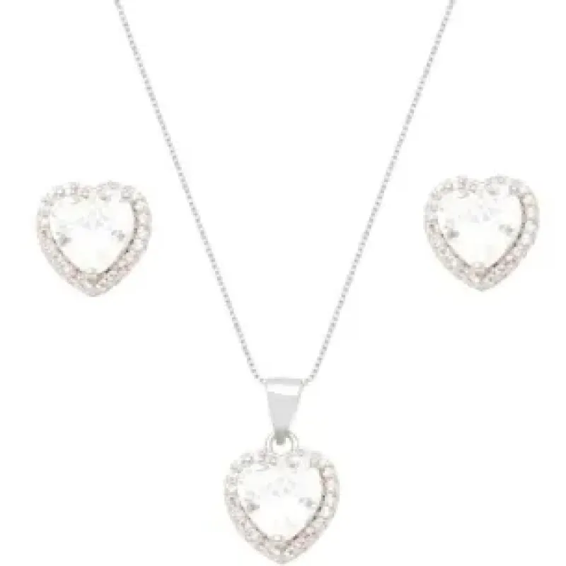 CONJUNTO CORACAO CRISTAL ZIRCONIA ROSA