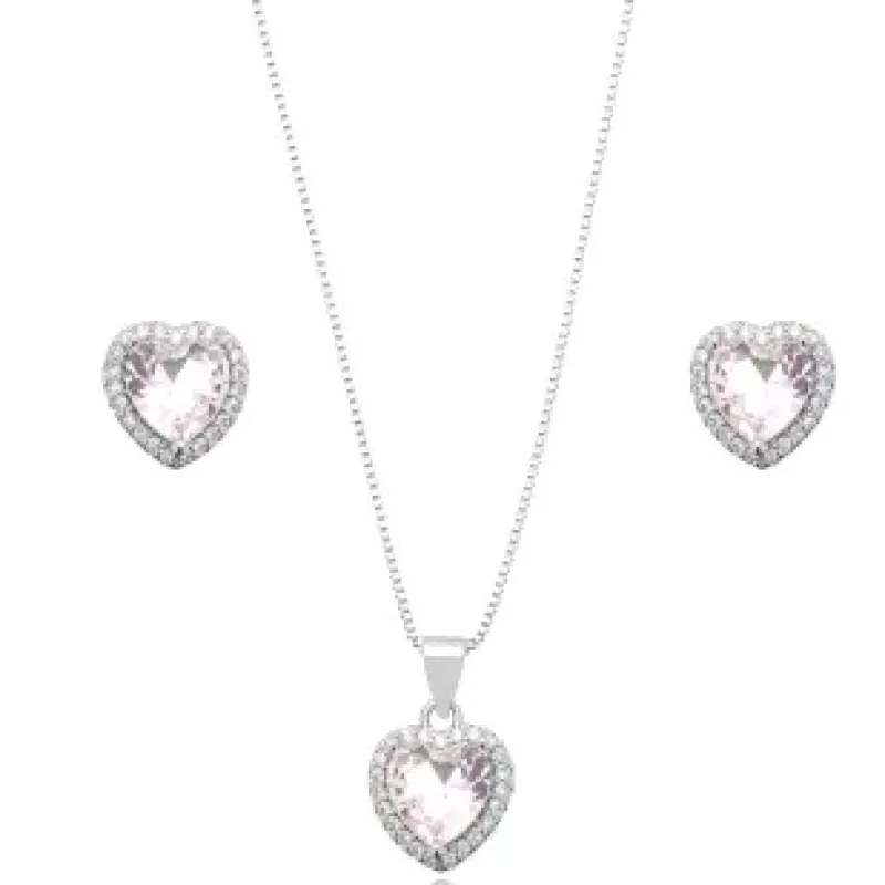 CONJUNTO CORACAO QUARTZO ROSA ZIRCONIA CRISTAL