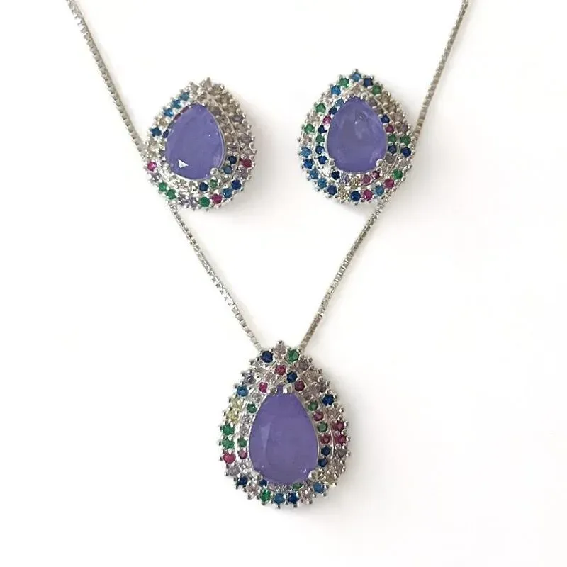 CONJUNTO GOTA PEDRA AMETISTA ZIRCONIA COLOR