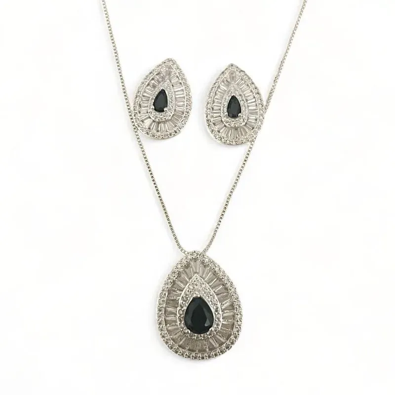 CONJUNTO GOTA PEDRA ONIX BAGUETE  ZIRCONIA CRISTAL