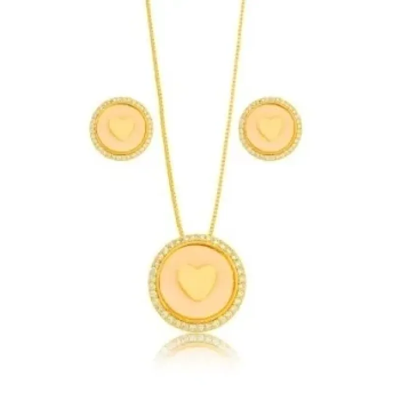 CONJUNTO MEDALHA CORACAO ZIRCONIA CRISTAL ESMALTADO ROSE