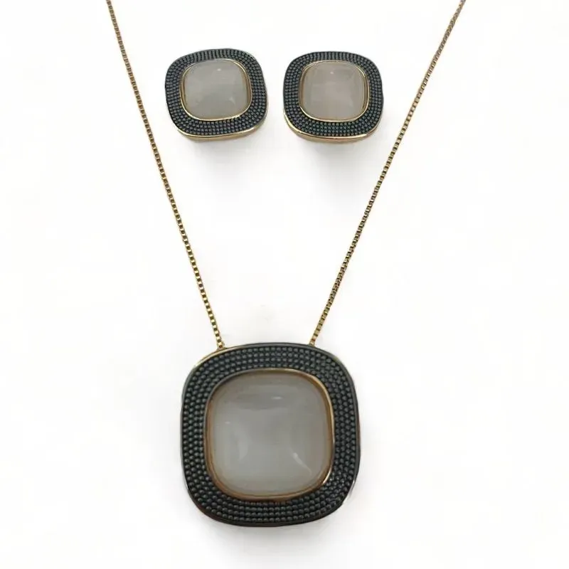 CONJUNTO QUADRADO DETALHE CHUMBO PEDRA OLHO DE GATO