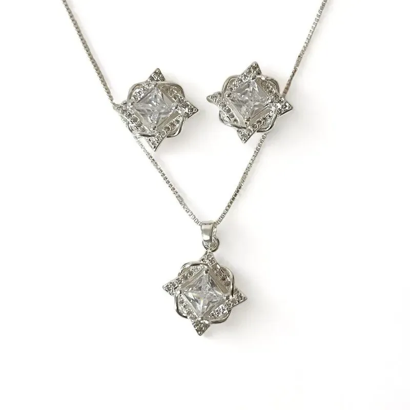 CONJUNTO QUADRADO TRANÇADO PEDRA ZIRCONIA CRISTAL