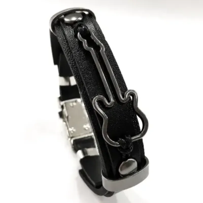 PULSEIRA MASCULINA GUITARRA VAZADA GRAFITE COURO PRETO