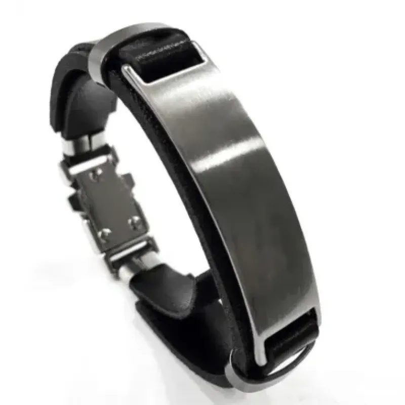 PULSEIRA MASCULINA PLACA ZAMAC COURO PRETO