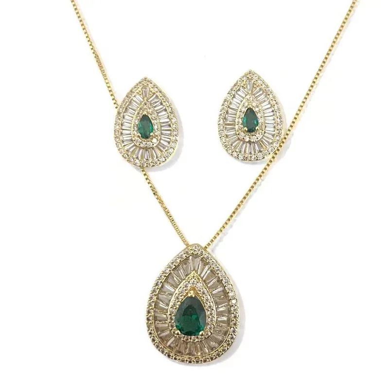 CONJUNTO GOTA PEDRA ESMERALDA BAGUETE  ZIRCONIA CRISTAL