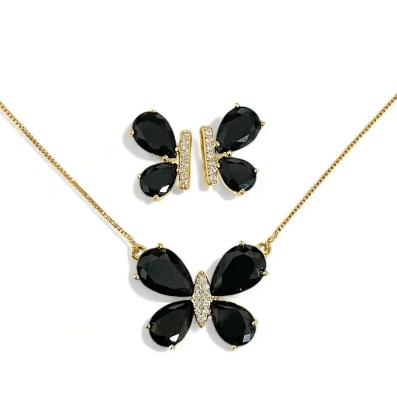 CONJUNTO BORBOLETA PEDRA ONIX ZIRCONIA CRISTAL