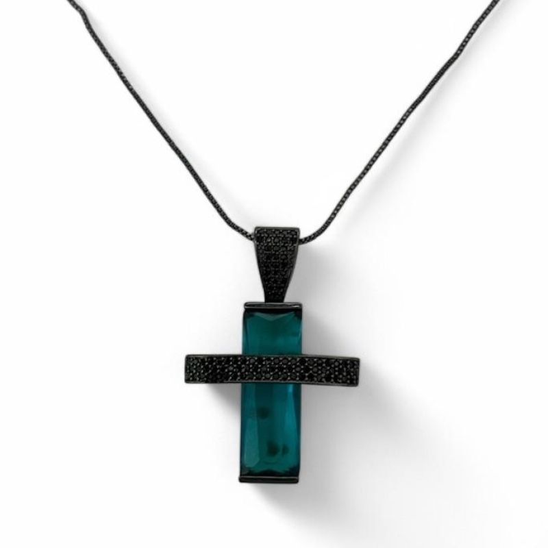 COLAR PINGENTE CRUZ PEDRA TURMALINA ZIRCONIA ONIX