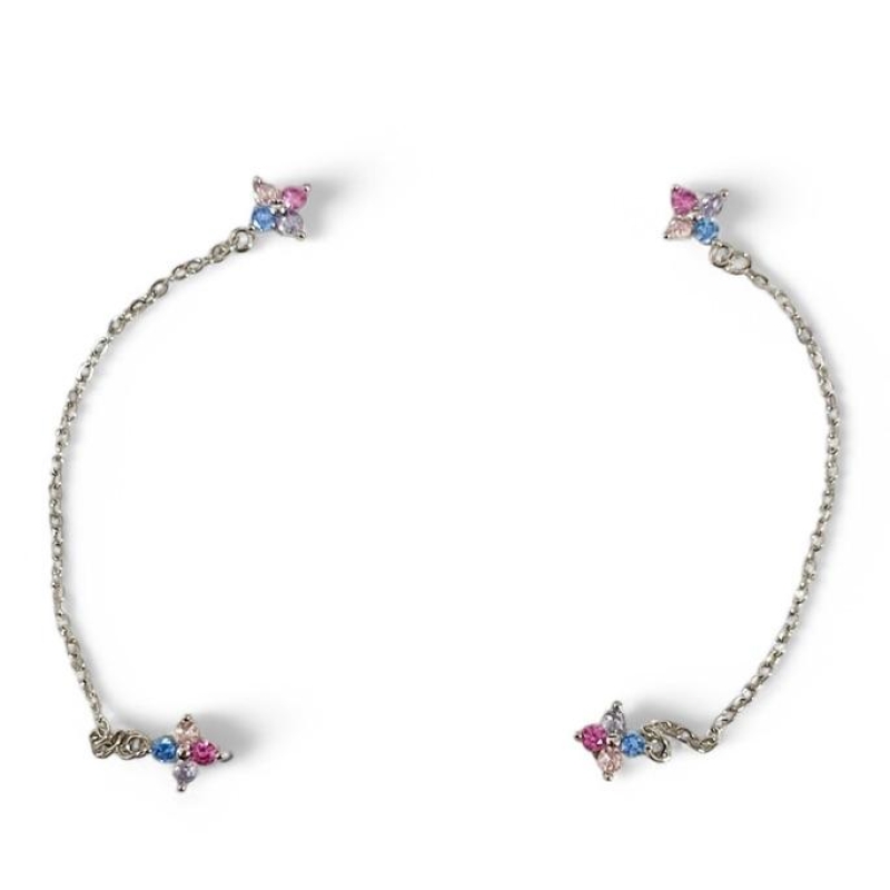BRINCO DUPLO CORRENTE FLORES ZIRCONIA COLOR
