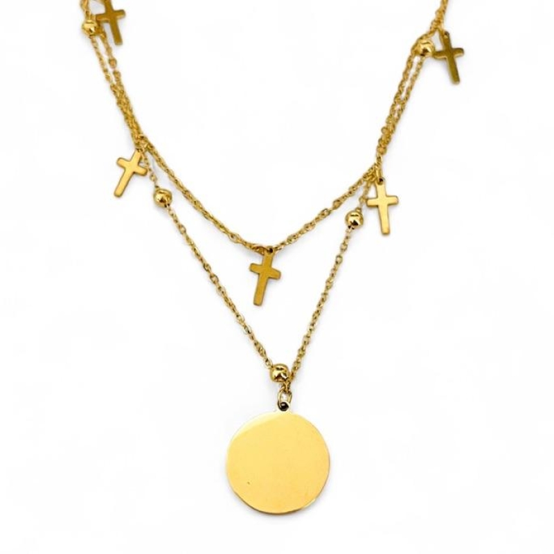 COLAR DUPLO BOLINHAS CRUZES PINGENTE MEDALHA LISA