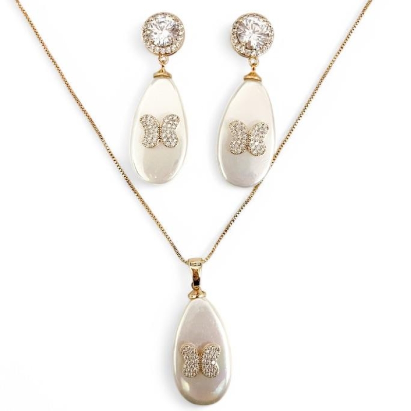 CONJUNTO GOTA MADREPEROLA BORBOLETA ZIRCONIA CRISTAL