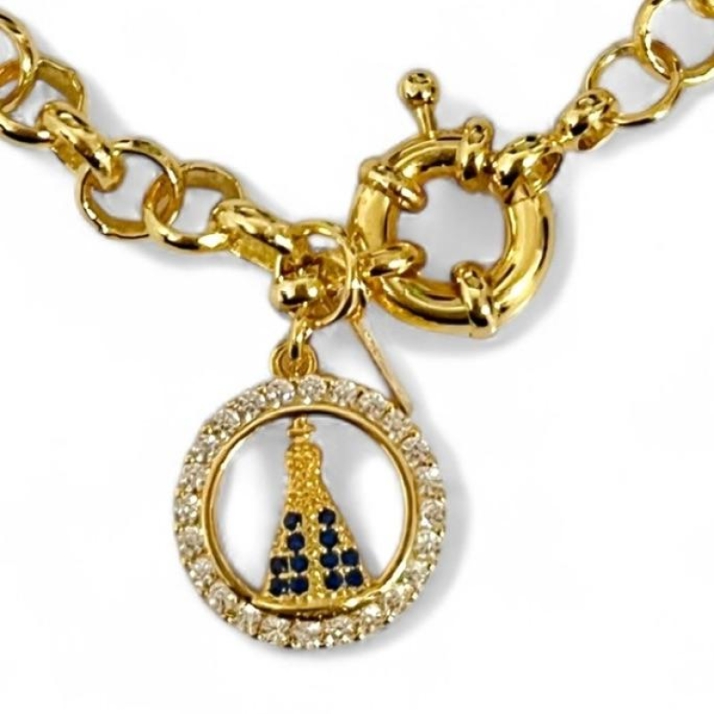 PULSEIRA ELO PORTUGUÊS PINGENTE NOSSA SENHORA ZIRCONIA COLOR