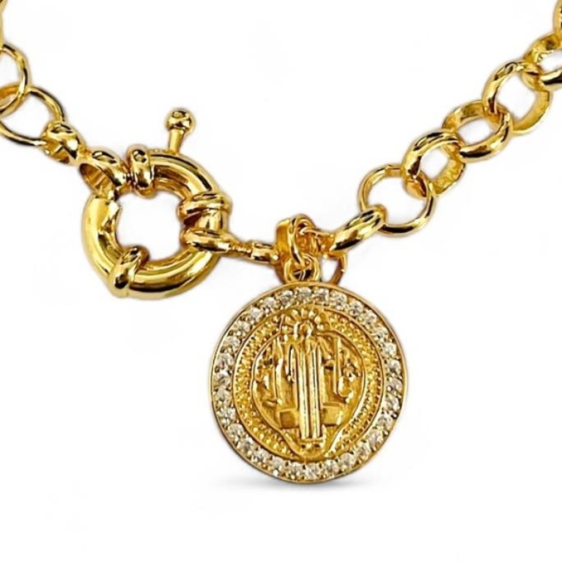PULSEIRA ELO PORTUGUÊS PINGENTE SÃO BENTO ZIRCONIA CRISTAL