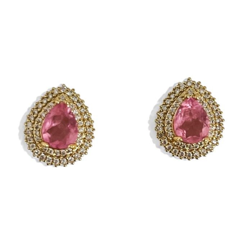 BRINCO GOTA PEDRA QUARTZO ROSA ZIRCONIA COLOR