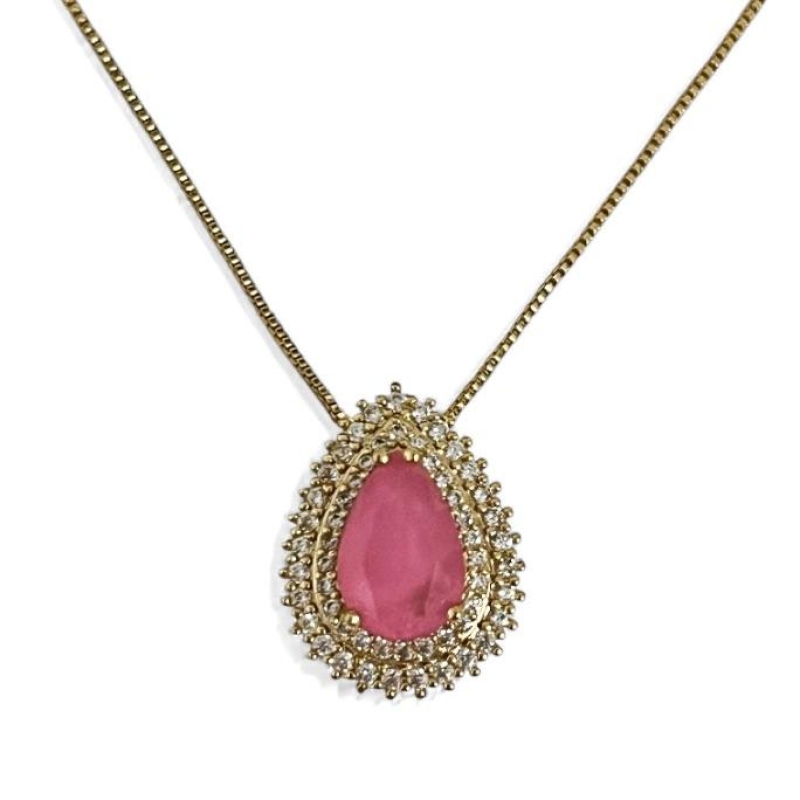 COLAR GOTA PEDRA ROSA QUARTZO ZIRCONIA CRISTAL
