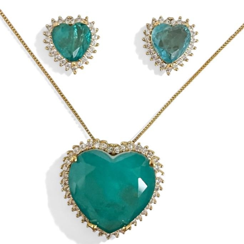 CONJUNTO CORAÇÃO PEDRA TURMALINA ZIRCONIA CRISTAL