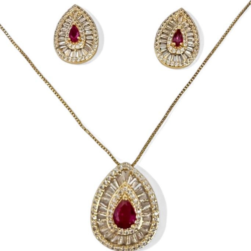CONJUNTO GOTA PEDRA RUBELITA ZIRCONIA CRISTAL