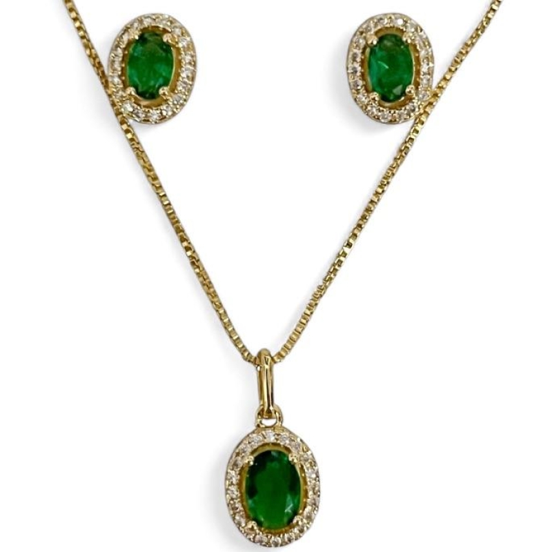 CONJUNTO OVAL PEDRA ESMERALDA ZIRCONIA CRISTAL