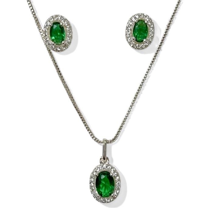 CONJUNTO OVAL PEDRA ESMERALDA ZIRCONIA CRISTAL