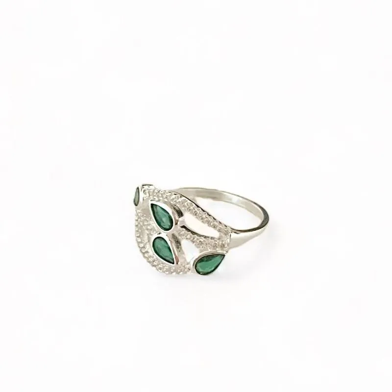 ANEL FOLHAS ESMERALDA ZIRCONIA CRISTAL