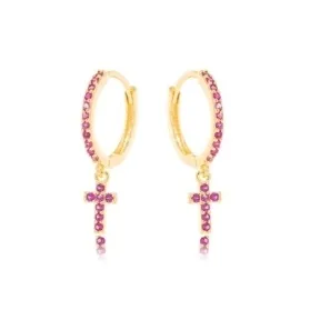 BRINCO ARGOLA CRUZ ZIRCONIA RUBELITA