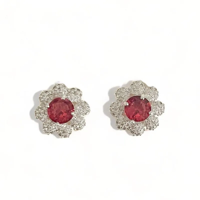 BRINCO FLOR PEDRA RUBI ZIRCONIA CRISTAL