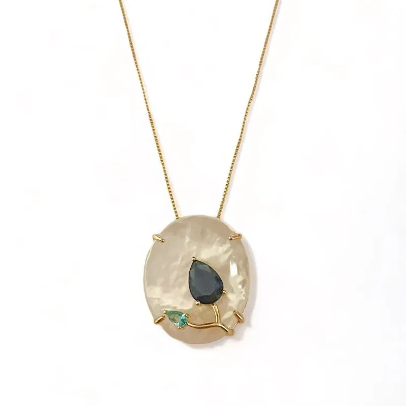 COLAR GOTA AZUL SAFIRA PEDRA OVAL MADREPEROLA