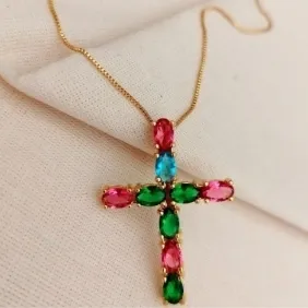 COLAR PINGENTE CRUZ CRISTAIS COLOR