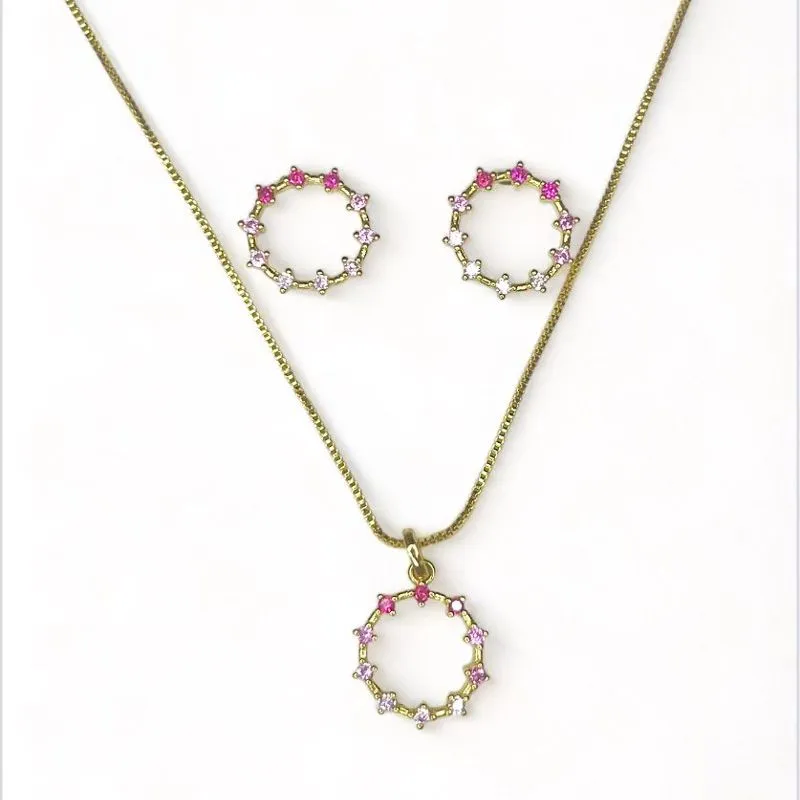 CONJUNTO CIRCULO VAZADO ZIRCONIA ROSA DEGRADE