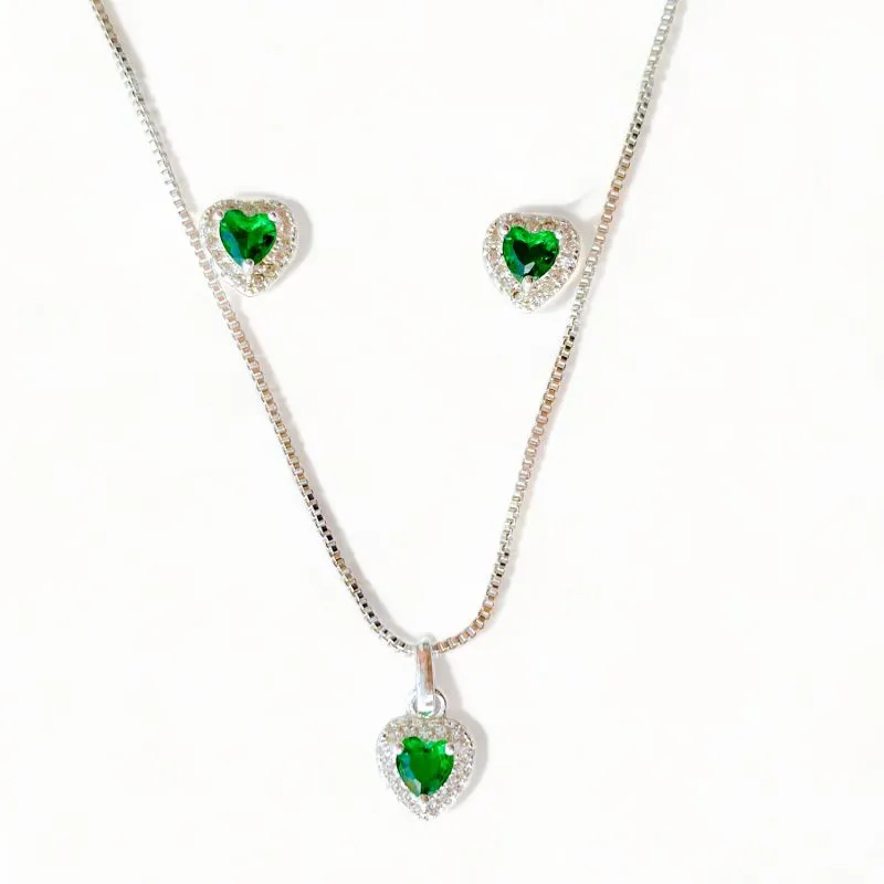 CONJUNTO CORACAO ESMERALDA ZIRCONIA CRISTAL