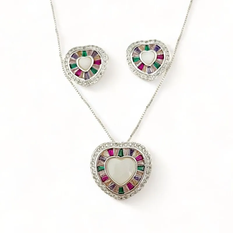 CONJUNTO CORAÇÃO MADREPEROLA BAGUETE COLOR ZIRCONIA CRISTAL