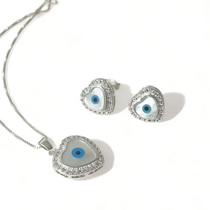 CONJUNTO CORAÇÃO OLHO GREGO MADREPEROLA ZIRCONIA CRISTAL