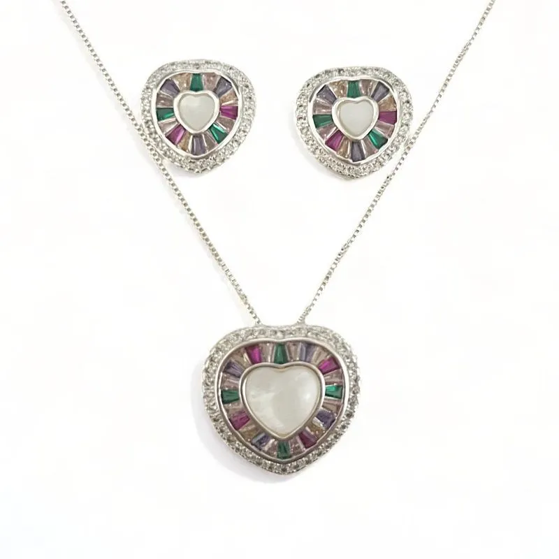 CONJUNTO CORAÇÃO PEDRA MADREPEROLA BAGUETE COLOR ZIRCONIA CRISTAL