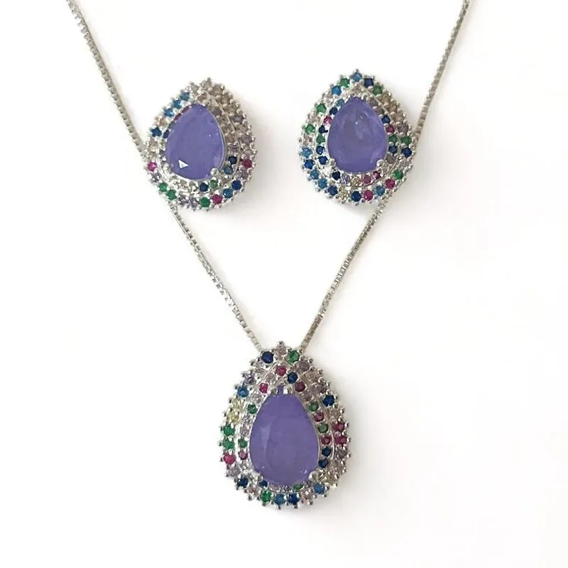 CONJUNTO GOTA PEDRA AMETISTA ZIRCONIA COLOR